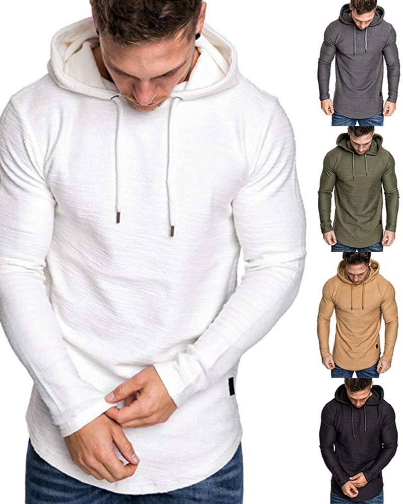 Lexiart Mens Fashion Athletic Hoodies Sport Sweatshirt Solid Color Fleece Pullover White L - Image 2